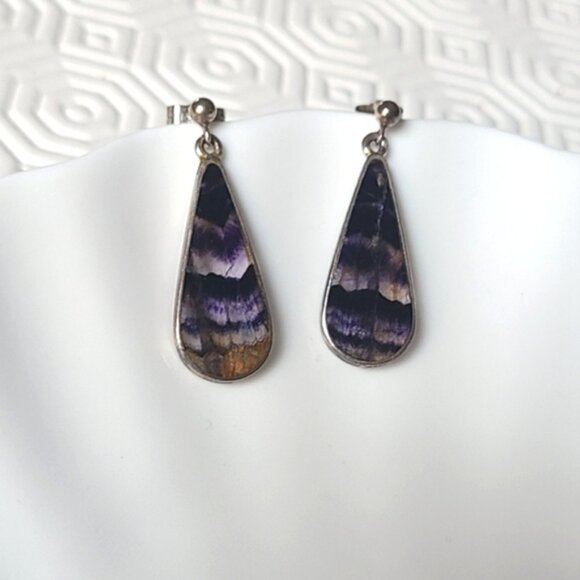 Vintage Boho Rare Sterling Silver Blue John Gemstone Purple Drop Dangle Earrings - Picture 3 of 10